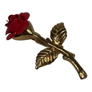 Vintage Gold Toned Red Rose Brooch Lapel Hat Pin Jewelry Gift Love Valentines